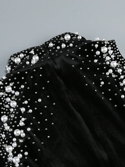 Long Sleeve Black Velvet Pearl Maxi Dress