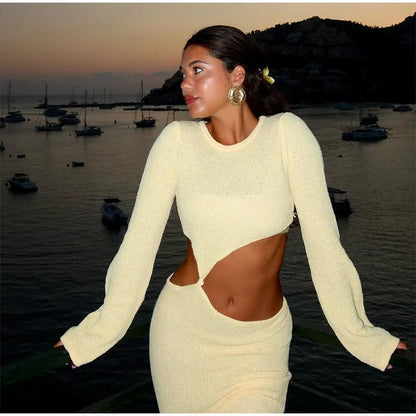 Knitted Hollow Out Solid O-neck Slit Maxi Dress