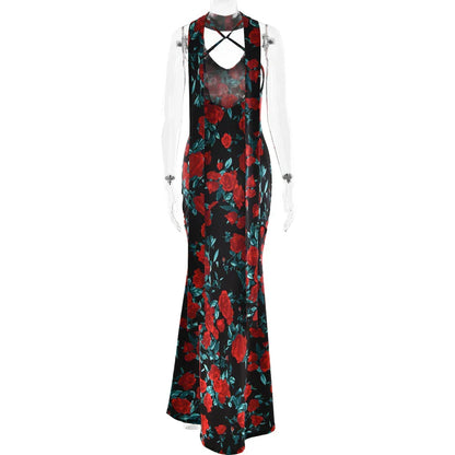 Floral Print Backless Maxi Dress