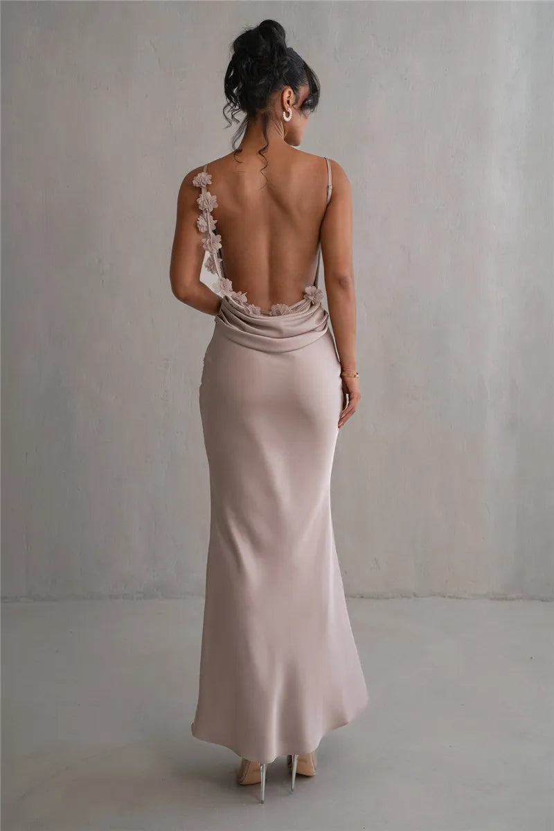 Floral Draped Open Back Spaghetti Strap Maxi Dress