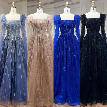 Cape Sleeves Feathers Beaded Evening Dresses