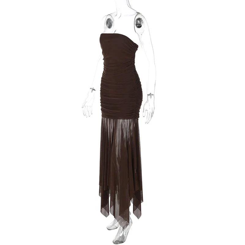 Brown Off-shoulder Strapless Long Dress