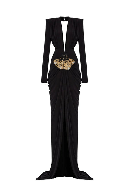 Deep V Neck Long Sleeves Black Maxi Dress  Party Gown