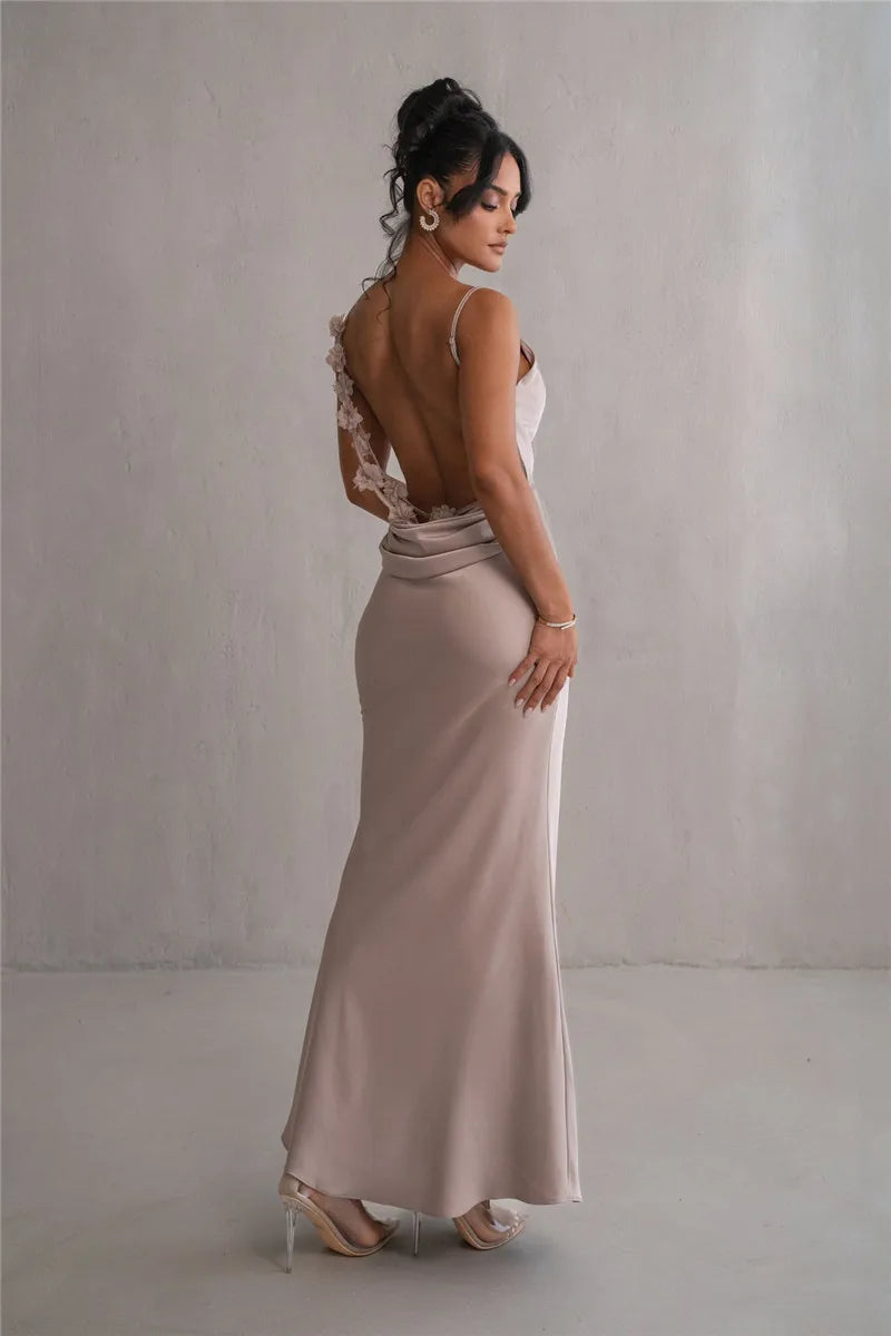 Floral Draped Open Back Spaghetti Strap Maxi Dress
