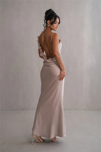 Floral Draped Open Back Spaghetti Strap Maxi Dress