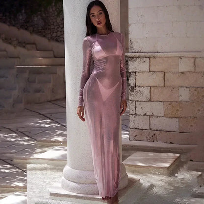 O-neck Full Sleeve Solid Color Mesh Dress