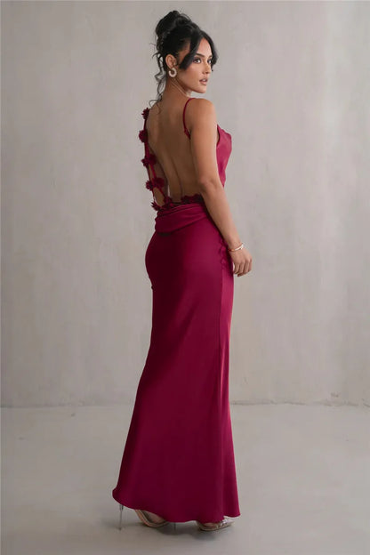 Floral Draped Open Back Spaghetti Strap Maxi Dress