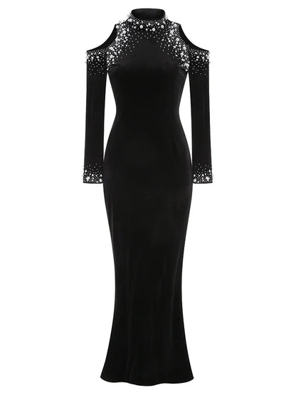 Long Sleeve Black Velvet Pearl Maxi Dress