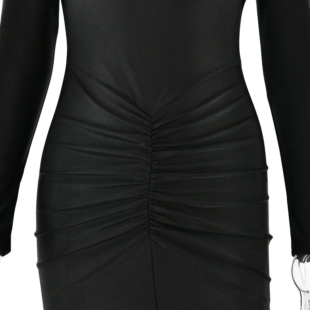 Long Sleeved Pleated Hollowed Out Maxi Dress