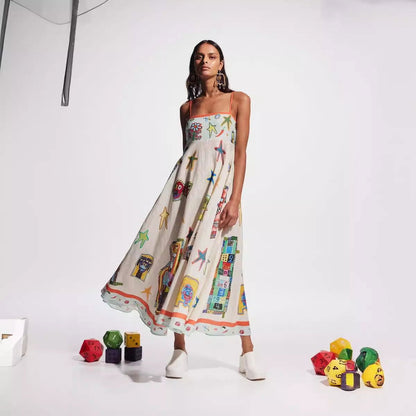 Graffiti Cotton Linen Printing Positioning Sling Swing Dress