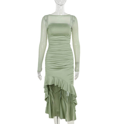 Mesh Stitching Ruffled Pleated Socialite Elegant Slim Fit Maxi Dress