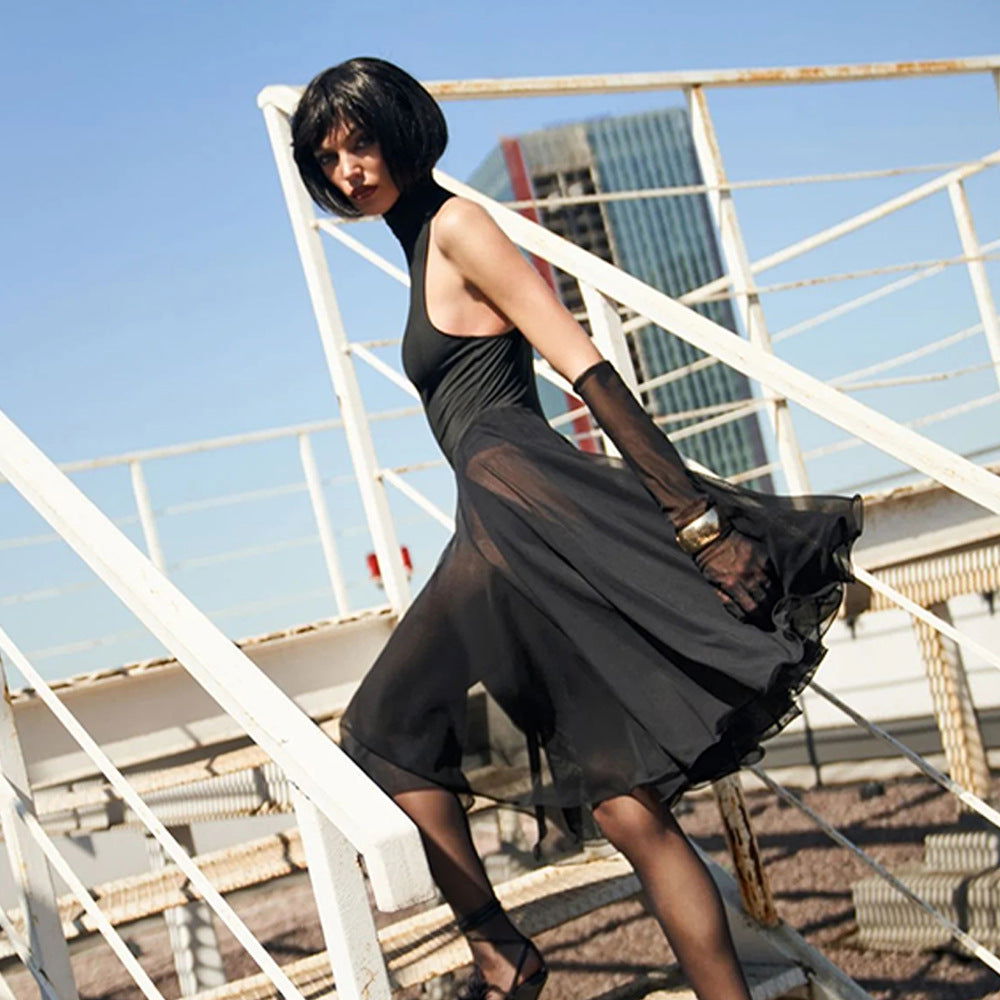 Mesh Stitching See through Half Turtleneck Slim Sleeve Dress