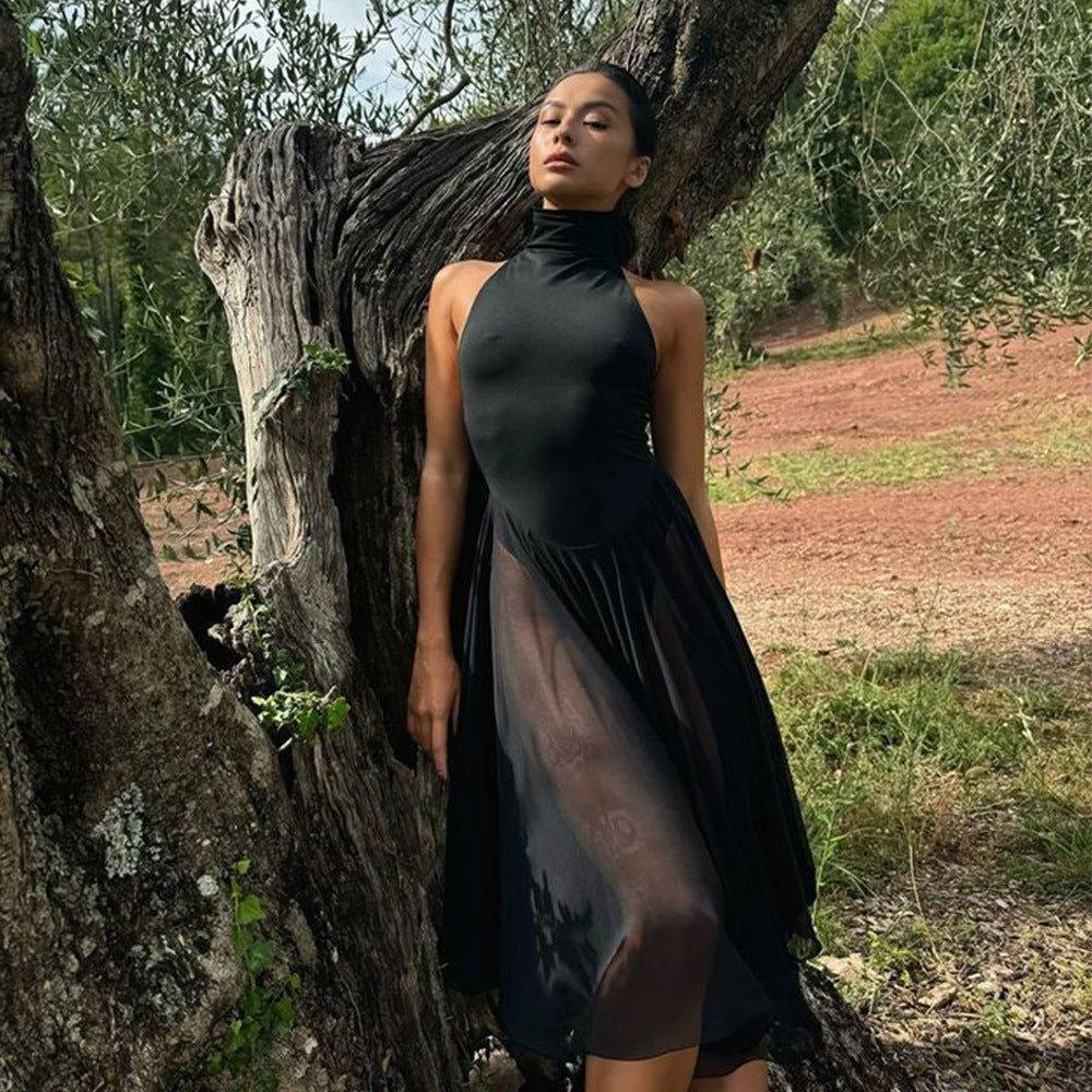 Mesh Stitching See through Half Turtleneck Slim Sleeve Dress