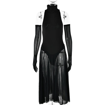Mesh Stitching See through Half Turtleneck Slim Sleeve Dress