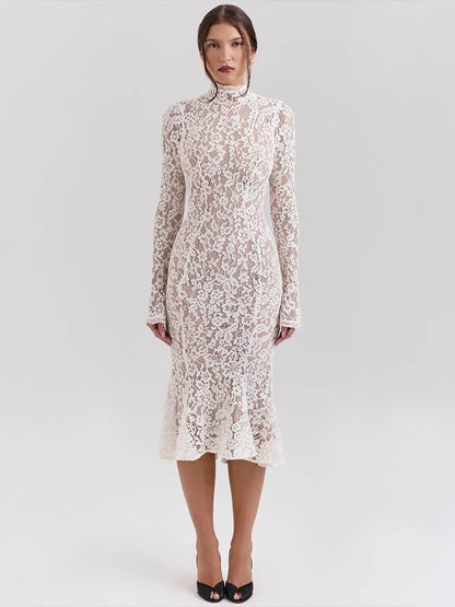 Lace Half High Neck Fishtail Dress