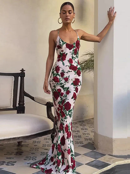 Floral Print Backless Maxi Dress