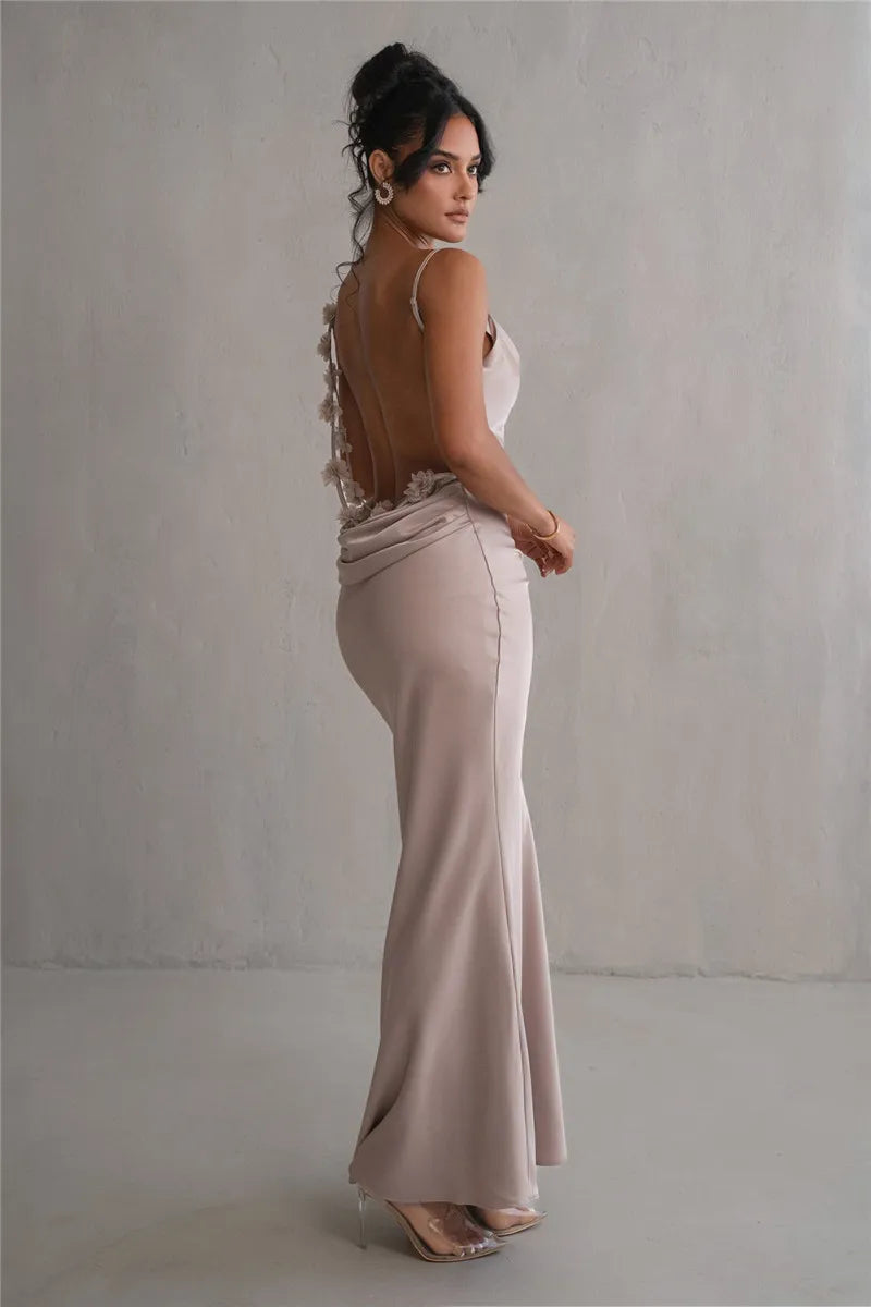 Floral Draped Open Back Spaghetti Strap Maxi Dress