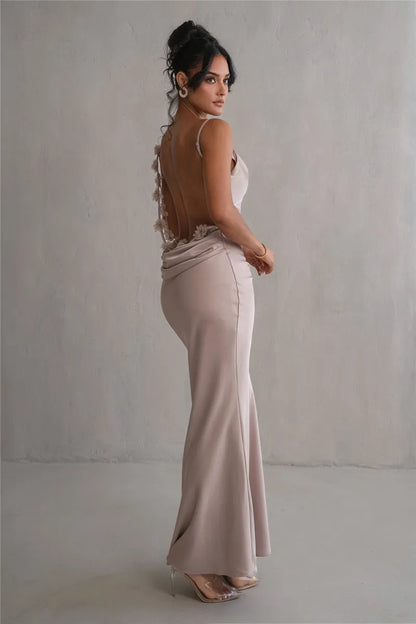 Floral Draped Open Back Spaghetti Strap Maxi Dress