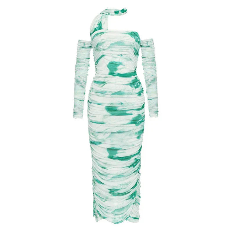 Halter Open Shoulder Printed Lace Fold Midi Dress
