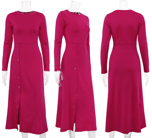 Long Slit GracefulTight Waist Slim-Fit Long Sleeve Milk Silk Dress