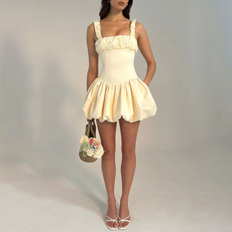 Dress Elegant Square Collar Strap Stitching Backless Dress