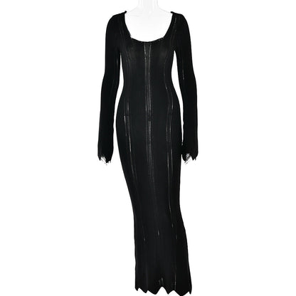 Dress Long Sleeved U Neck Backless Sheath Woolen Dress for