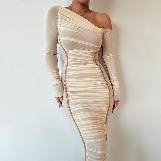Dress Mesh Stitching One Shoulder Cold Shoulder Slim Fit Maxi Dress