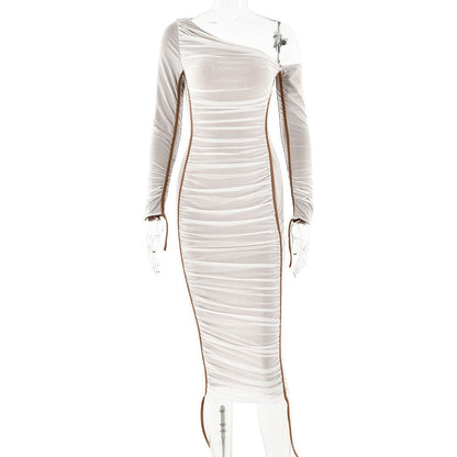 Dress Mesh Stitching One Shoulder Cold Shoulder Slim Fit Maxi Dress
