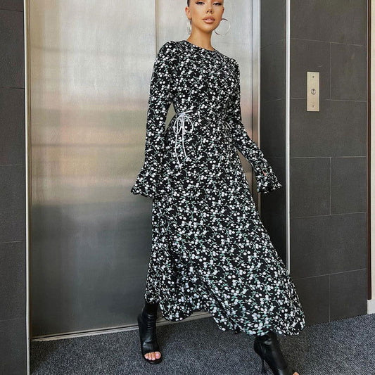 Elegant Flare Sleeve Floral Dress round Neck Waist Trimming Design Maxi Dress