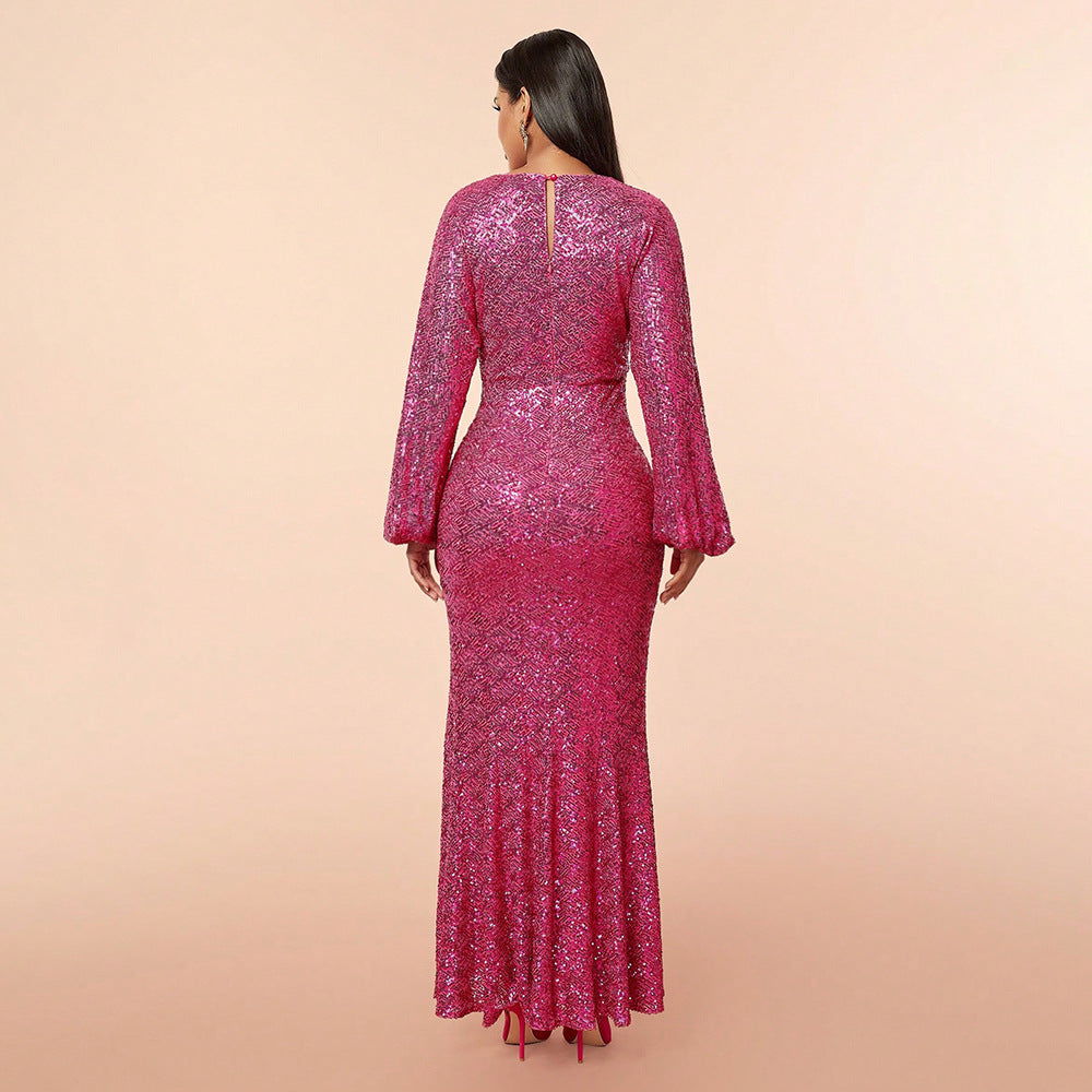 Elegant Dress Sequ Deep V Plunge Split Long Sleeve Maxi Dress