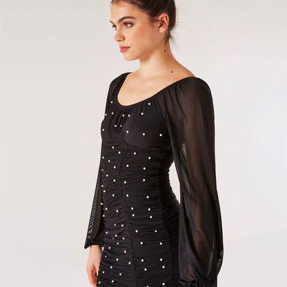 Fashionable Elegant Dress Mesh Pleated Backless Bead Long Sleeve Dress