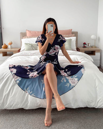 Casual Short Sleeve Digital Printed V-neck Asymmetric Dress