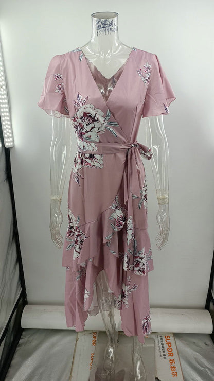 Casual Short Sleeve Digital Printed V-neck Asymmetric Dress