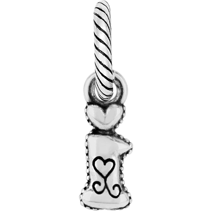 Brighton number one charm with silver-plated finish, heart accent, and scroll detailing on a white background