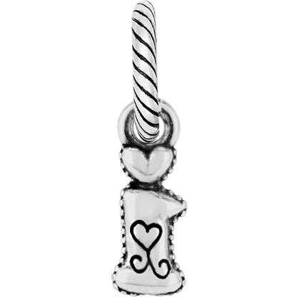 Brighton number one charm with silver-plated finish, heart accent, and scroll detailing on a white background