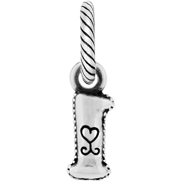 Brighton number one charm with silver-plated finish, beaded edges, heart detail, and twisted bail on a white background