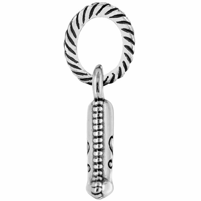 Brighton charm with silver-plated rope-textured ring and ornate beaded scrollwork bar pendant on a white background