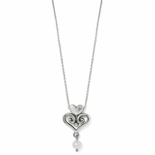 Brighton pendant necklace with silver-plated scrolled heart design and glass pearl drop on a white background