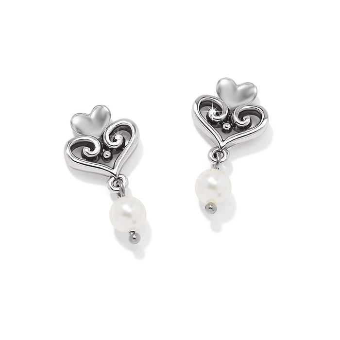 Brighton drop earrings with silver-plated scrollwork hearts and dangling glass pearls on a white background