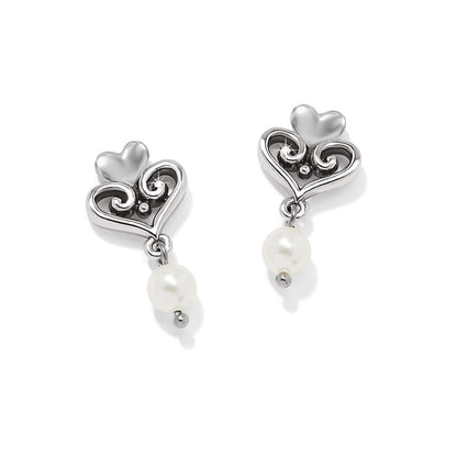 Brighton drop earrings with silver-plated scrollwork hearts and dangling glass pearls on a white background