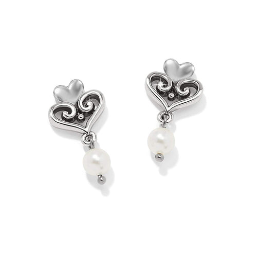 Brighton drop earrings with silver-plated scrollwork hearts and dangling glass pearls on a white background