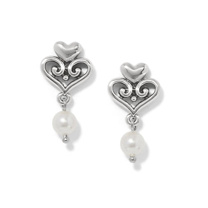 Brighton drop earrings with silver-plated scrolled hearts and dangling glass pearl accents on a white background