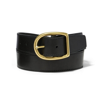 Brighton black leather belt with oval gold-tone buckle and stitched edge detail on a white background