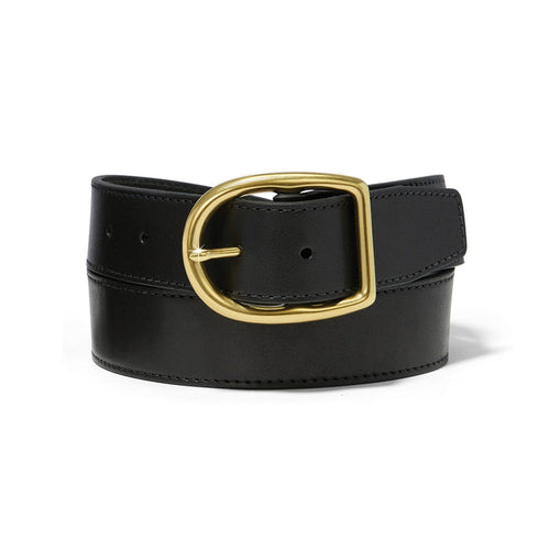 Brighton black leather belt with oval gold-tone buckle and stitched edge detail on a white background