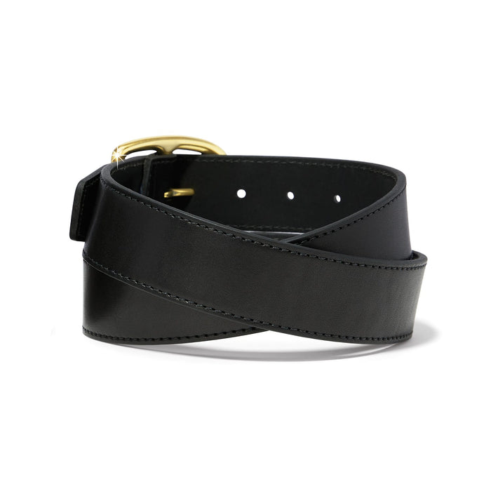 Brighton black leather belt coiled with gold-tone buckle and stitched edge detail on a white background