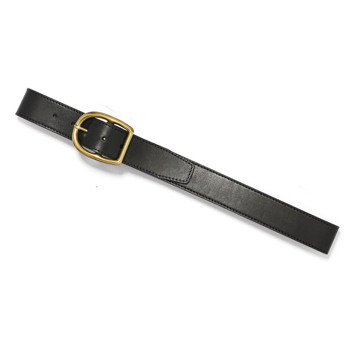 Brighton black leather belt with oval gold-tone buckle and stitched edge detailing on a white background