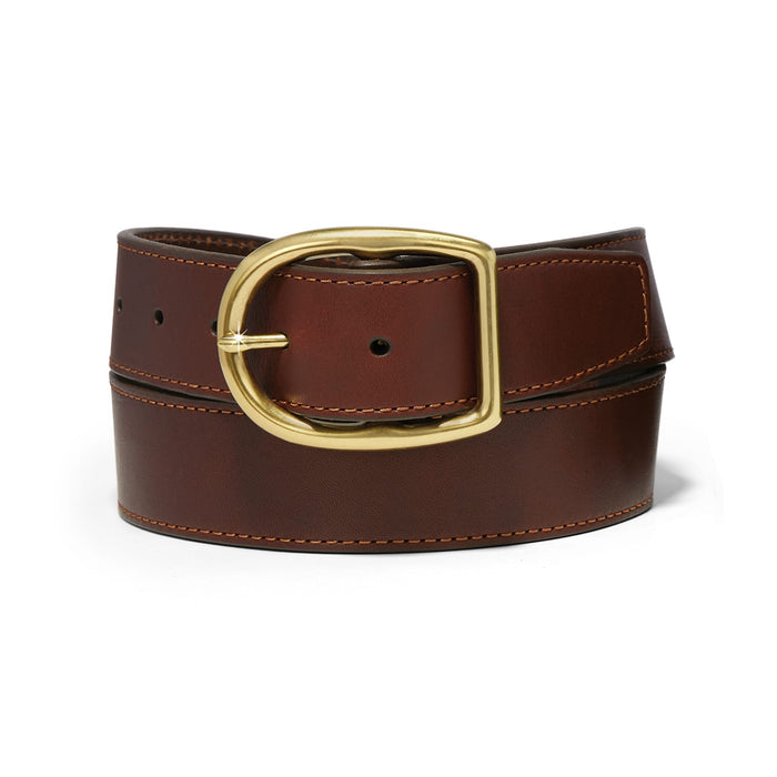 Brighton brown leather belt with gold-tone oval buckle and contrast stitching detail on a white background