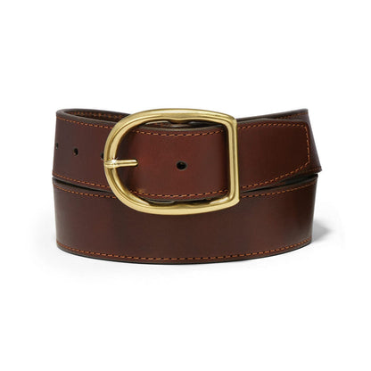 Brighton brown leather belt with gold-tone oval buckle and contrast stitching detail on a white background