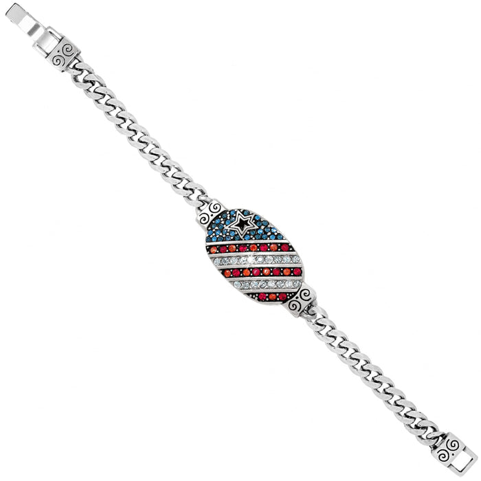 Brighton silver-plated chain bracelet with red, white, and blue crystal pavé star and stripes centerpiece on a white background