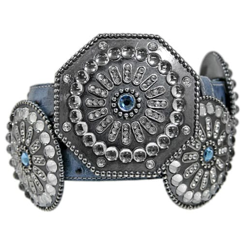 Brighton blue leather belt with large silver-tone medallion conchos, crystal accents, and blue center stones on a white background